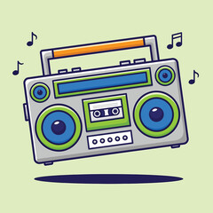 Groovy retro boombox blasting vibrant music notes creating an energetic vintage party vibe
