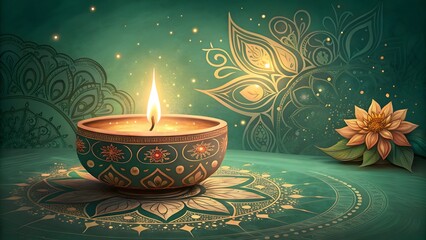Illuminated diya lamp with floral and butterfly motifs on festive green background