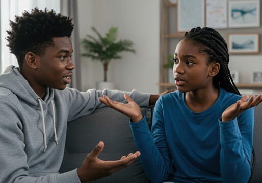 young black couple having animated discussion on modern couch in cozy living room setting