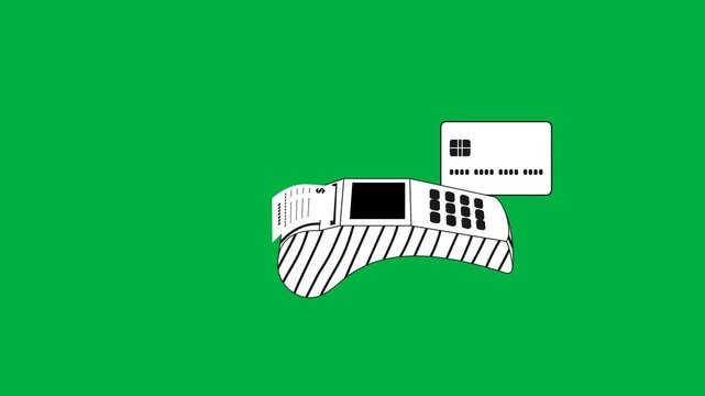 animated credit card being swiped on edc machine and coming out receipt paper, doodle style, animation footage video on alpha channel(transparent) background.