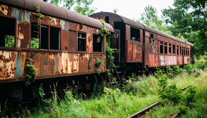 Obraz premium Tren clasico abandonado, corroído por el paso del tiempo y cubierto de óxido. Los vagones y la locomotora están parcialmente ocultos entre la maleza, con enredaderas, musgo...