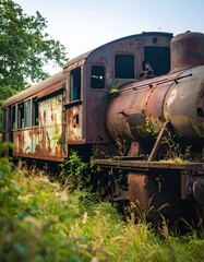 Tren clasico abandonado, corro&iacute;do por el paso del tiempo y cubierto de &oacute;xido. Los vagones y la locomotora est&aacute;n parcialmente ocultos entre la maleza, con enredaderas, musgo...