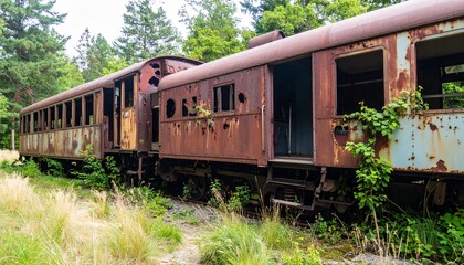 Fototapeta premium Tren clasico abandonado, corroído por el paso del tiempo y cubierto de óxido. Los vagones y la locomotora están parcialmente ocultos entre la maleza, con enredaderas, musgo...