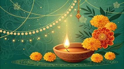 Diwali oil lamp with marigold flowers and festive lights on a green background