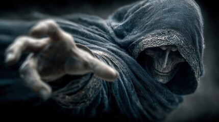 Grim reaper reaching toward the viewer on dark background