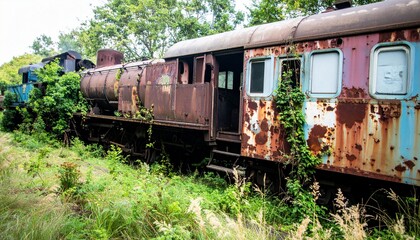 Obraz premium Tren clasico abandonado, corroído por el paso del tiempo y cubierto de óxido. Los vagones y la locomotora están parcialmente ocultos entre la maleza, con enredaderas, musgo...