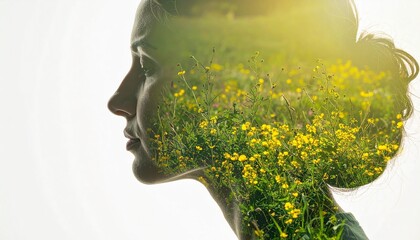 Conceptual art of a woman's profile filled with a lush green meadow, symbolizing harmony and mental well-being
