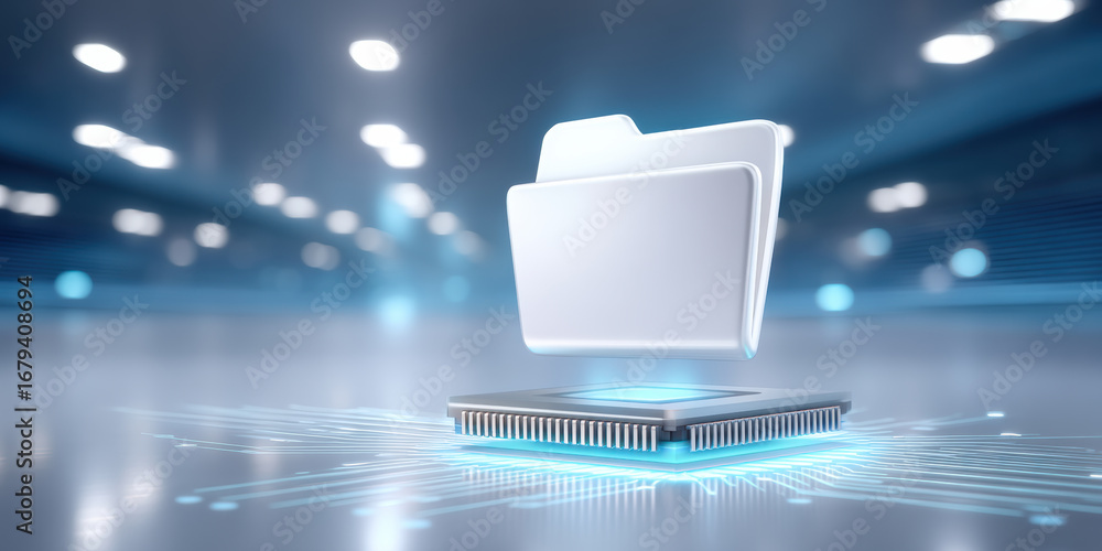 Aufkleber digital folder icon floating above microchip with glowing circuit lines, symbolizing data storage an