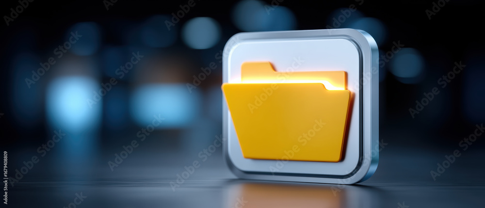 Poster yellow folder icon with glowing light on dark blurred background, symbolizing digital file storage a
