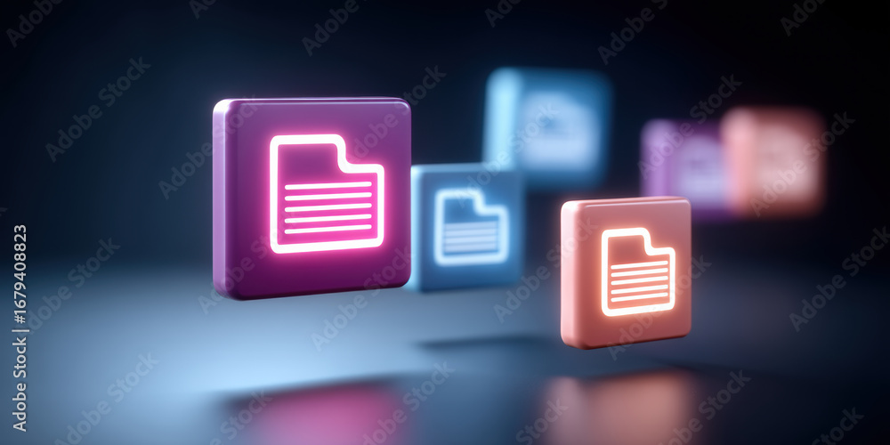 Aufkleber file folder icon glowing in neon light, digital data storage concept with colorful floating squares,