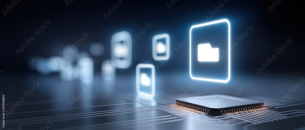 Poster digital file transfer concept with glowing folder icons and microchip circuit board, futuristic tech