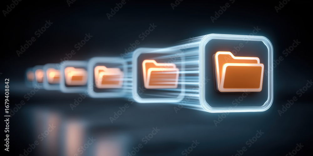 Aufkleber digital folder icons in row with glowing edges and motion blur effect, symbolizing fast data transfe
