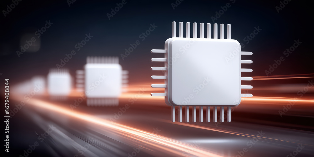 Aufkleber microchip with glowing light trails representing fast data transfer and advanced technology in futur