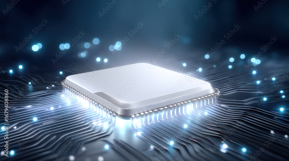 Aufkleber glowing microchip on circuit board with blue light effects representing advanced technology and digi