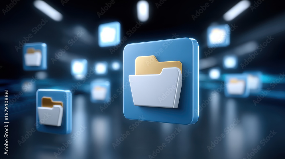 Poster file folder icon with digital network background, symbolizing data storage and file sharing in moder