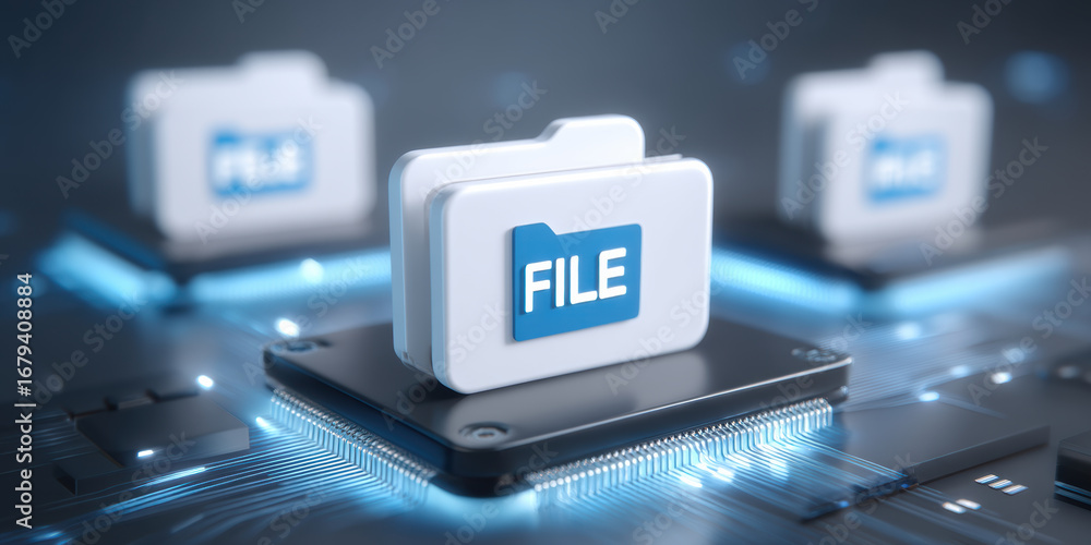 Aufkleber digital file folder icon on microchip with glowing circuit board background representing data storag