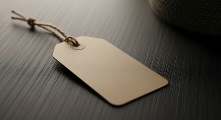 Blank beige gift tag with twine, flat lay on dark wood background, ample copy space, rustic neutral tones.