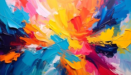 Vibrant abstract painting with impasto texture.  Bold, colorful strokes create a dynamic, radiating effect