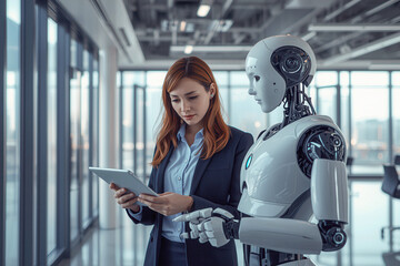 Businesswoman and AI humanoid robot work together and collaborating while talk and looking at a tablet, AI partnership help job