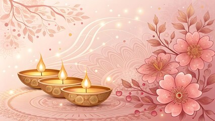 Beautiful diwali oil lamps and floral decorations with soft glowing lights