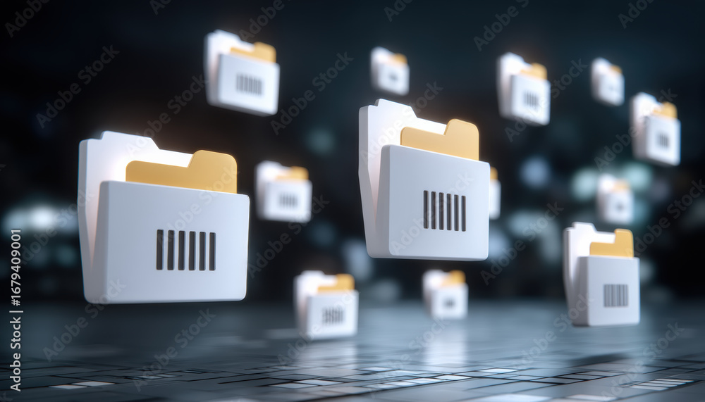 Aufkleber digital file folder icons with barcode symbols floating over dark background, representing data mana