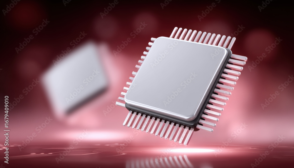 Aufkleber microchip with metallic pins floating above reflective surface in soft pink light, symbolizing techn