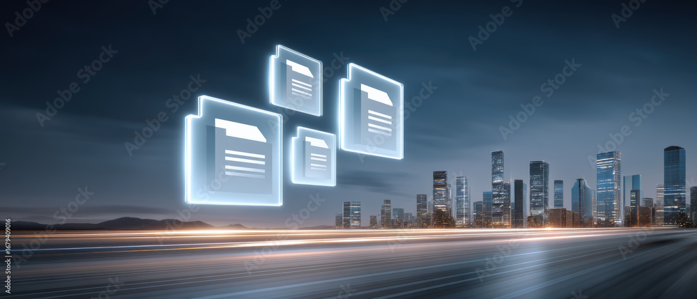 Poster digital file icons floating over futuristic cityscape with light trails on road, symbolizing data tr