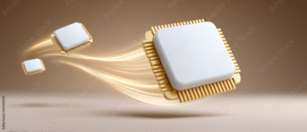 Poster white computer chip flying with golden circuit lines, technology concept with glowing light trails, 