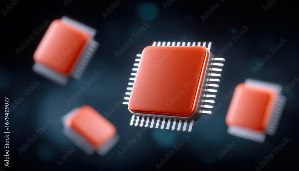 Aufkleber red computer chip with metallic pins floating in dark space, symbolizing technology and innovation