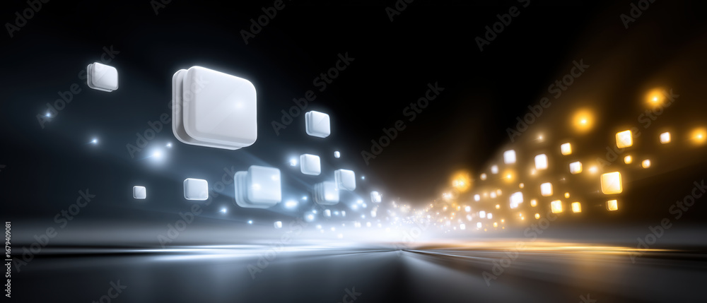 Aufkleber digital abstract background with glowing white and orange cubes floating in dark space, creating fut
