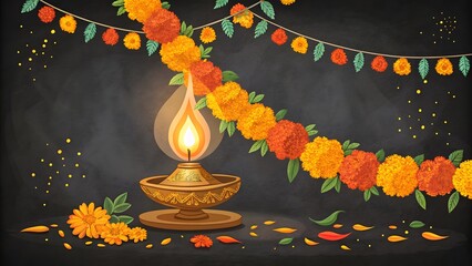 Traditional indian oil lamp illuminated amidst festive flower garlands
