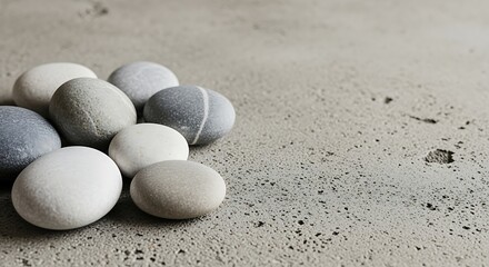 Flat lay of smooth gray and white stones on a concrete surface; ample copy space.