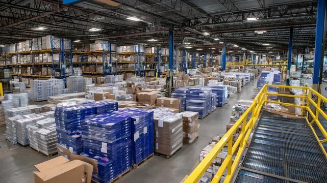 Discover the bustling activity of a distribution floor with neatly organized pallets and boxed merchandise from a mezzanine perspective.