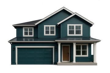 Blue two-story residential home displaying contemporary traditional design elements, featuring attached garage, standing against transparent background
