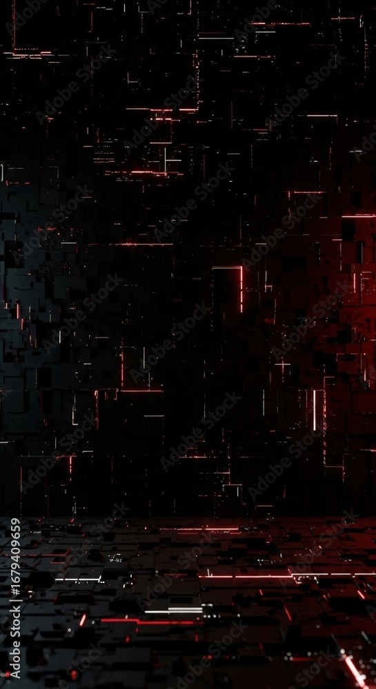 Poster seamless digital glitch loop background with energetic red light streams and abstract cyber grid