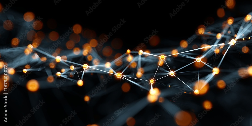 Poster digital network of abstract figures connected by glowing nodes representing communication and intera