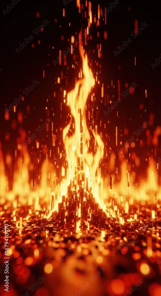Poster vibrant digital fire glitch loop background with dynamic glowing particles