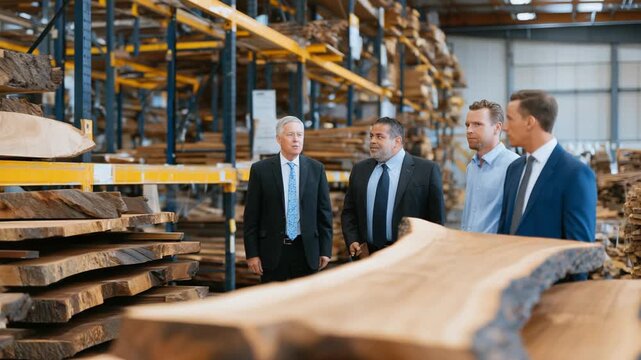 A diverse team of professionals examines polished hardwood slabs in a timber and metal-filled factory, discussing stock details.