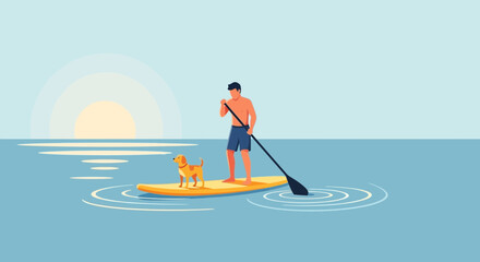 Paddleboarding Adventure With A Coastal Sunset View And Canine Companion Together