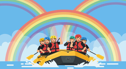 Naklejka premium Rafting Adventure Under The Rainbow, Teamwork, Outdoor Recreation, And Colorful Sky