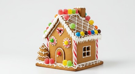 festive gingerbread house decorated with colorful candies and icing on white background for christmas joy
