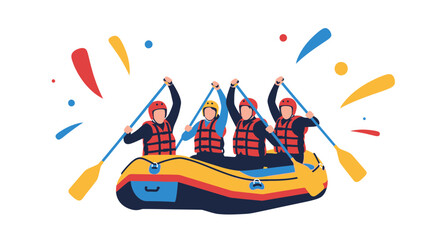 Rafting adventure with four people, teamwork activity and water sport illustration