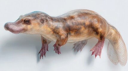 Fototapeta premium Animal with duckbill, fur, webbed feet and flat tail on light backdrop