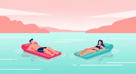 Relaxation On Water: Peaceful Couple Enjoying Summer Holiday on Colorful Floating Mattresses