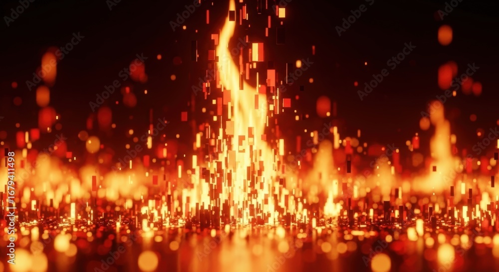 Poster vibrant seamless digital glitch loop background with fiery abstract particles and energy flow