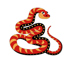 Stylized coiled snake with red orange and black patterned scales and a friendly expression