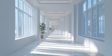 Fototapeta premium Bright and Airy Corridor in Modern Building with Large Windows Illuminating Clean White Walls