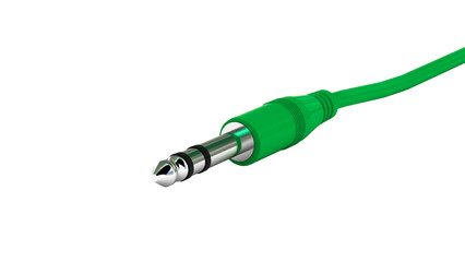 A green audio cable with a 3.5 mm jack plug on a transparent background