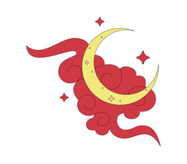 Stylized crescent moon with red clouds and sparkling stars creating a whimsical celestial scene