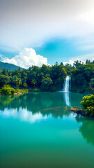 Fototapeta premium Waterfall scene with lush greenery and turquoise water body